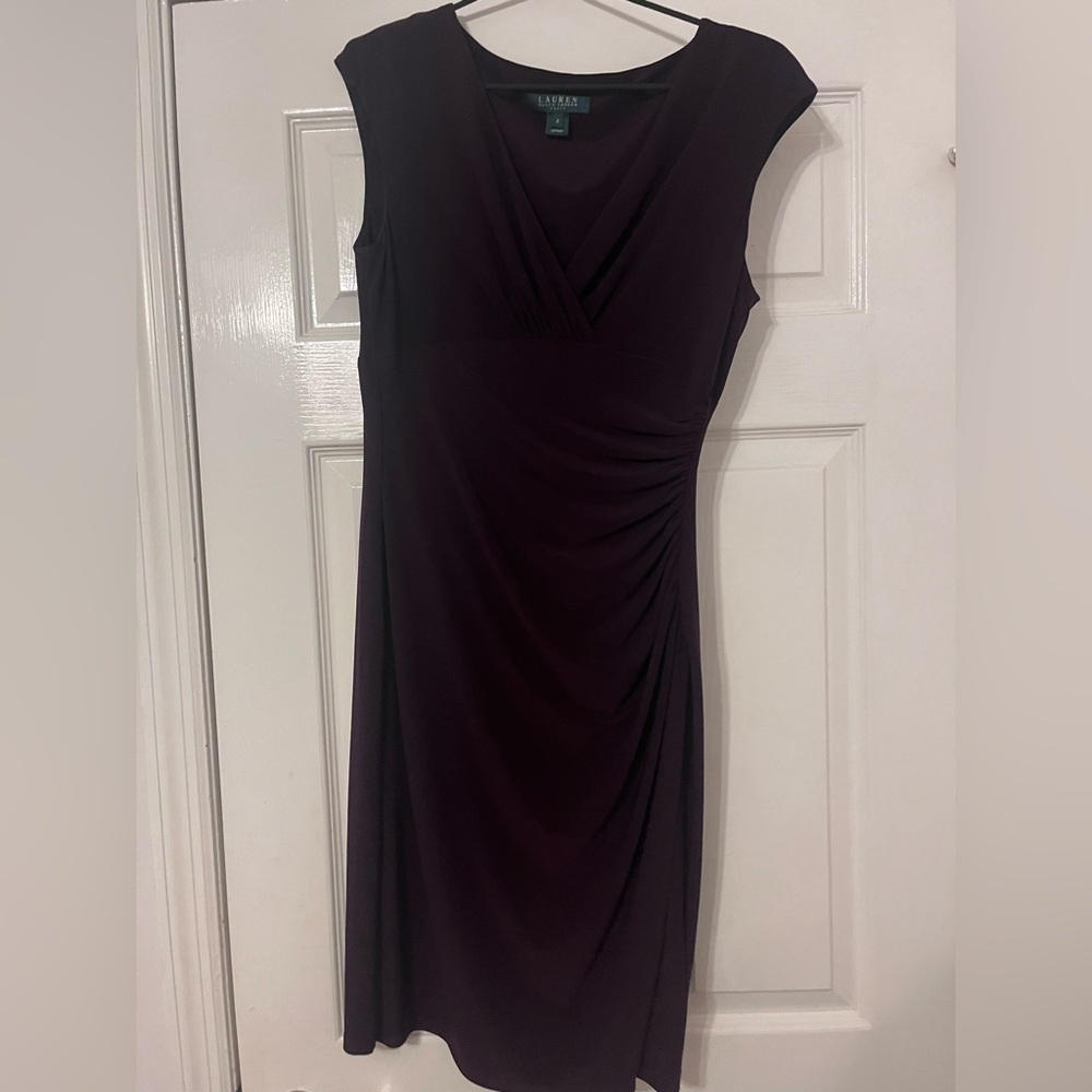 Ralph Lauren Cap Sleeve V-Neck Midi Dress in Plum